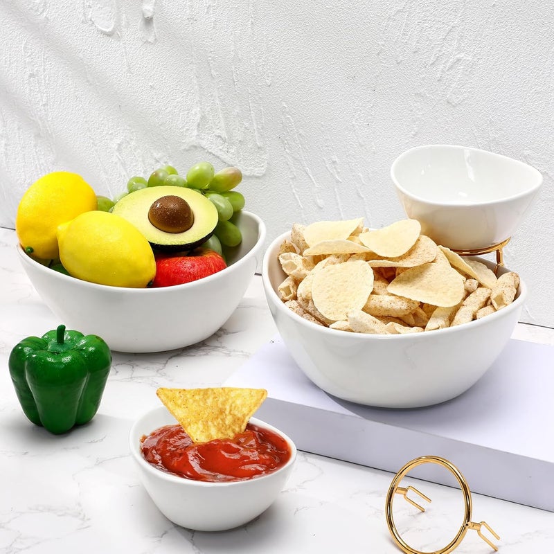 Singhoow 2 Set Chip and Dip Serving Set 2 Tier Chip and Dip Serving Dish Porcelain Appetizer Bowl and Platter with Stand for Food Taco Bar Salad Display Dessert Entertaining Party(Gold,Classic Style) - Image 3